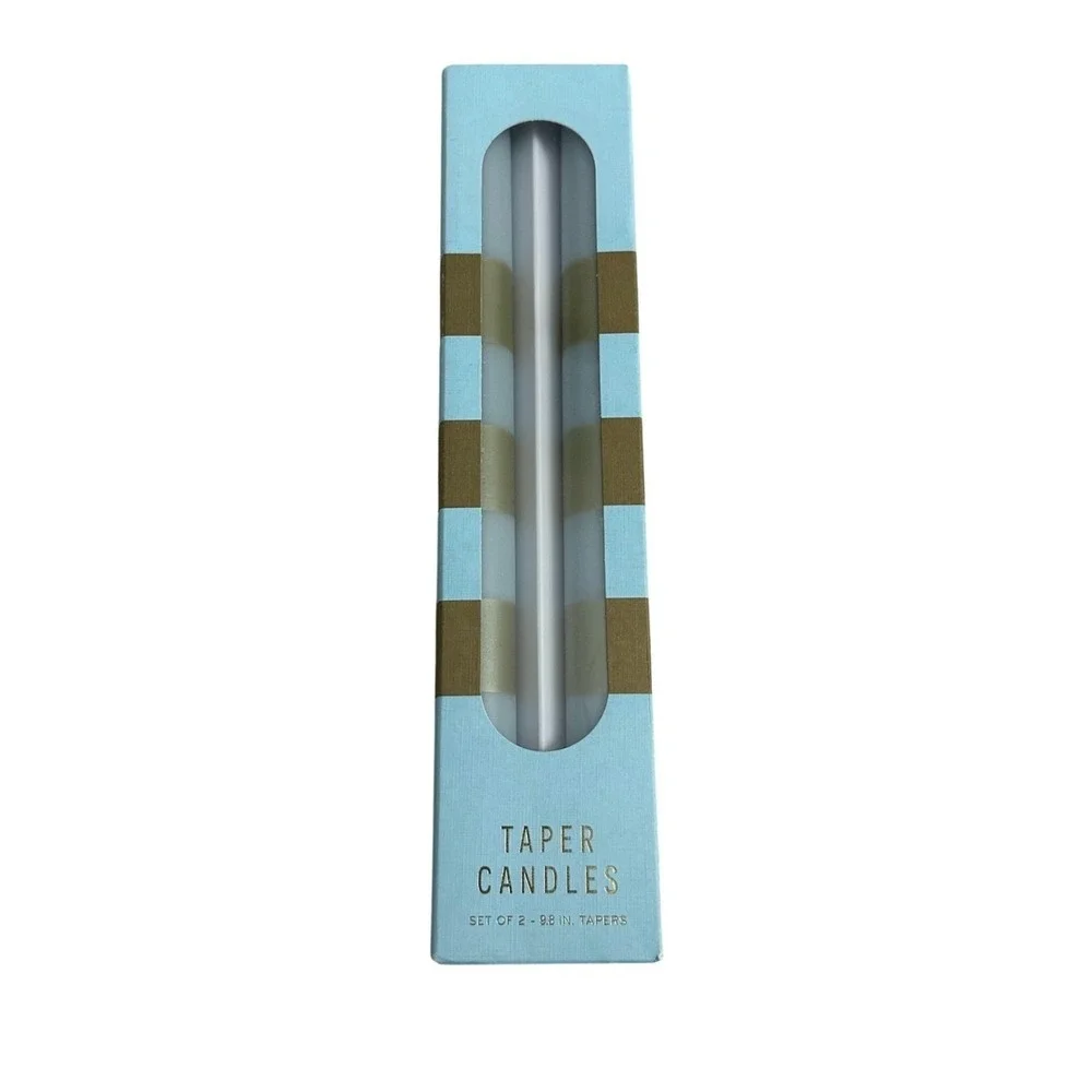 Anthropologie‎ Set of 2 Blue and Gold Striped Taper Candles 9.8in Hand Painted